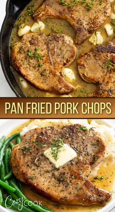 Pan fried pork chops in a skillet with mashed potatoes and string beans Bone In Pan Fried Pork Chops, Pork Chop With Pan Sauce, Porkchops Dinner Ideas Bone In, Stove Top Boneless Pork Chops, Pork Chops Stove Top Easy, Pork Chop Recipes On Stove Top, Quick Bone In Pork Chop Recipes, Cooking Pork Chops On Stove