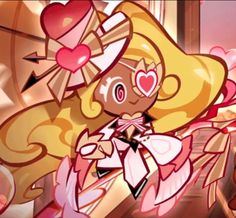 a cartoon girl with long blonde hair and big eyes holding a heart shaped object in her hand