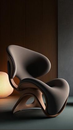 an egg chair next to a lamp on a table