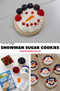 Snowman Fruit Cookie Pizzas are a fun, festive treat perfect for holiday parties or family gatherings! These adorable desserts are made effortlessly with store-bought sugar cookie dough, then topped with a 2-ingredient tangy cream cheese frosting made with marshmallow creme and cream cheese. Fruit Cookie Pizza, Adorable Desserts, Fruit Sugar Cookies, Fruit Cookie, Mini Fruit Pizzas, Fruit Pizza Sugar Cookie, Fruit Cookies, Cookie Pizza, Crowd Pleasing Recipes