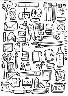 a black and white drawing of school supplies