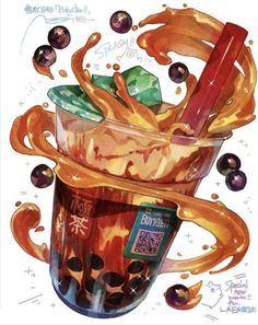 a drawing of a cup with liquid and fruit in it