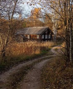 an old log cabin in the woods near a dirt path and trees with no leaves on it