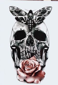 a skull with a butterfly on top of it and a rose in front of it