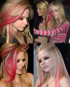 avril lavigne’s iconic pink hair streaks Colored Highlights On Blonde Hair, Punk 2000s Fashion, Pop Punk 2000s, Punk 2000s, Pink Hair Streaks, 2000s Hair, Pink Blonde Hair