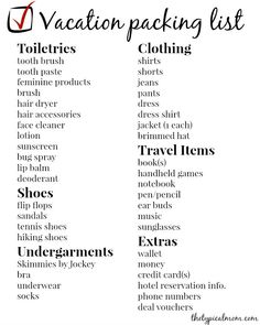 travel packing list with the words vacation packing list in black and white, including clothes