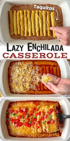 three pictures showing how to make lazy enchilada casserole with cheese