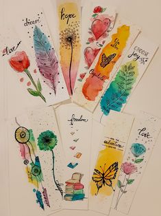 six cards with different designs on them and some words in the middle one has flowers