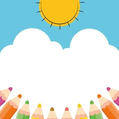 there are many colored pencils in front of the sun with clouds and blue sky