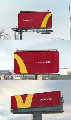 two billboards with the words on your left and next exit written in yellow letters