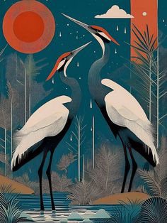 two large birds standing next to each other on a river under a full moon sky