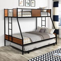 the bunk bed is made with metal and wood