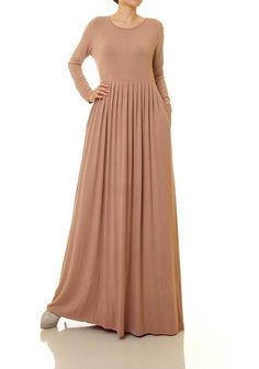 Camel Dress | Long Beige Dress | Jersey Knit Dress With Pockets | Rose Beige Dress | Plus Size Maxi Stretch Long Sleeve Maxi Dress For Wedding, Modest Beige Long Sleeve Maxi Dress, Beige Long Sleeve Modest Maxi Dress, Modest Beige V-neck Dress, Beige A-line Maxi Dress, Modest Fitted A-line Long Sleeve Dress, Full Length Beige Dress For Spring, Beige Full Length Dress For Spring, Beige Full-length Dress For Spring