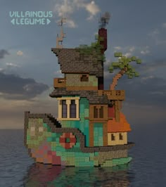 an image of a house made out of legos on the water with clouds in the background