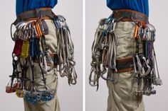 two pictures of the back of a person's pants with chains and tools attached to them