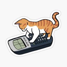 a cat walking on top of a remote control sticker