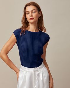 The Blue Boat Neck Ribbed Cap Sleeve Knit Tee – RIHOAS Ribbed Tee, Cap Sleeve Tee, Blue Boat, Buy One Get One, Basic Style, Synthetic Fiber, Boat Neck, Cap Sleeve, Work Outfits