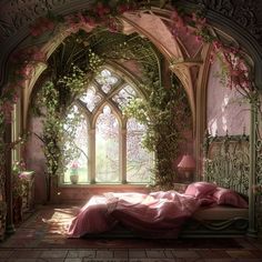 a bed sitting under a window next to a pink blanket on top of a wooden floor