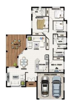 the floor plan for a house with two cars parked in it and an open living area