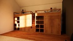 two people sitting on top of bunk beds in a room with wooden floors and walls