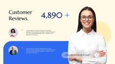 a woman with glasses is standing in front of a blue and white background that says customer review 4, 890 +