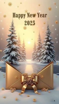 a new year card with a bow and snow covered trees