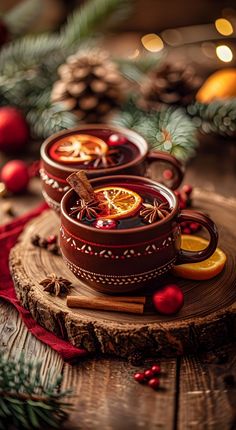 two wooden trays filled with orange slices and cinnamon on top of a wood table