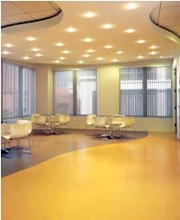 an empty conference room with white chairs and yellow carpeted flooring in front of large windows