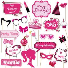 pink birthday photo booth props on sticks with happy birthday signs and masks in the shape of princesses