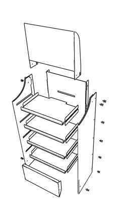 the drawing shows an open drawer with drawers on each side and three shelves below it