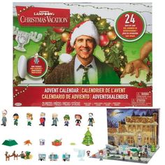 the christmas vacation calendar is displayed in front of an assortment of toys and figurines