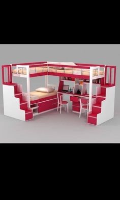 a bunk bed with stairs and desk in the middle is red, white and grey