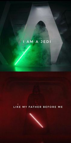 two different scenes with the same light saber and text that reads, i am ajedi like my father before me