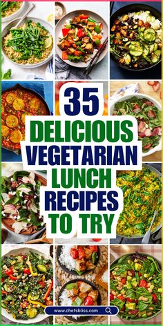 the cover of 35 delicious vegetarian lunch recipes to try, including broccoli and other vegetables