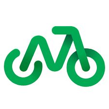 a green bicycle logo with the letter v in it's center and an arrow at the bottom