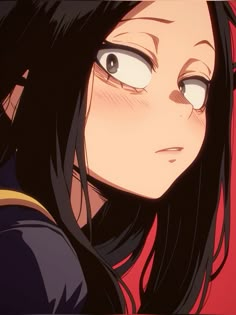 an anime character with long black hair and blue eyes