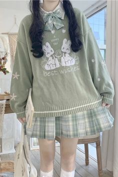 Cute Rabbit Pattern Green Knitted Sweater – Tomscloth Sweaters For Skirts, Cottage Core Mushroom Outfit, Cute Clothes Pictures, Soft Colored Outfits, Cute Green Sweater, Cute Art Clothes, Pink Comfy Clothes, Oversized Sweater Outfit Aesthetic, Kawaii Cottagecore Outfits