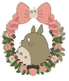 an image of a totoro surrounded by flowers and leaves with a bow on it's head