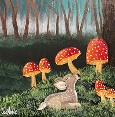 an acrylic painting of some mushrooms and a deer in the grass near trees