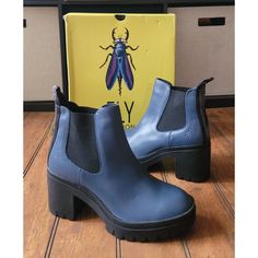 New With Tags And Box Fly London Tope Leather Chelsea Boots Size: 40 Color: Denim Dublin/ Blue Tope520fly P144520015 A Treaded Sole And Block Heel Lift This Classic Chelsea Boot Featuring Logo Detailing On The Pull Tab And A Cushioned Footbed. 3" Heel; 1 1/4" Platform Pull-On Style With Elastic Gore Insets Leather Upper/Synthetic Lining/Rubber Sole Please Note: The Original Box May Show Minor Wear And Tear. The Original Box Will Be Shipped Inside A Poly Mailer Due To Size. Blue Chelsea Boots, Grey Ankle Boots, Fly London Shoes, London Shoes, Wedge Ankle Boots, Poly Mailer, Fly London, Leather Chelsea Boots, Brown Ankle Boots