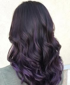 Black To Purple Balayage, Dark Purple Hair Balayage, Dark Purple Balayage Brunettes, Dark Purple Balayage, Purple Highlights Black Hair, Balayage Purple, Purple Peekaboo Highlights, Dark Purple Hair Color, Balayage Hair Blonde Long