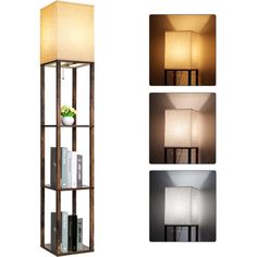 the floor lamp is made from wood and has a white shade on it's side