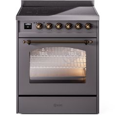 an oven with two burners on the front and one door open to show it's cooking area