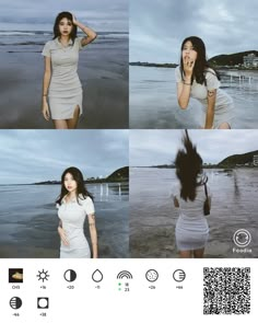 the girl is posing on the beach with her hair blowing in the wind and wearing a white dress