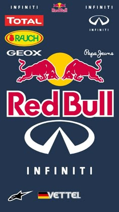 the red bull logo is shown on a blue background with other logos and symbols around it