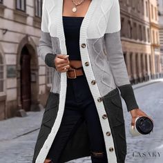 Lasaky - Womens Color Block Button-Up Knit Cardigan: A Casual Longline Sweater with Long Sleeves and Smartly Placed Pockets Sayings On Shirts, Diy Crochet Cardigan, Womens Sweater Coats, Longline Sweater, Block Button, Women Long Cardigan, Pullover Outfit, Cardigan Vintage, Longline Cardigan