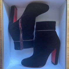 Exclusive Christian Louboutin Booties Color: Burgundy Material: Velvet Size Eu 38; Us 8 Comes With Box Red Bottom Heel Protectors Already In Place Louboutin Boots, Red Bottom Heels, Christian Louboutin Boots, Heel Protector, Red Bottom, Red Bottoms, Christian Louboutin Shoes, Shoes Heels Boots, Shoes Women Heels