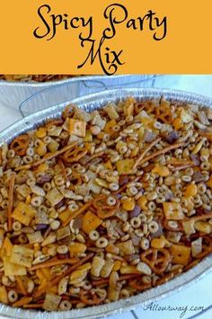 this is an image of a fancy party mix in a pie pan with the words spicy party mix on it