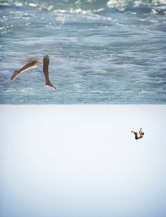 two birds are flying over the ocean water