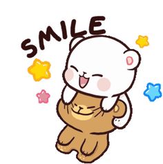 a cartoon bear with the words smile on it's chest and stars around him